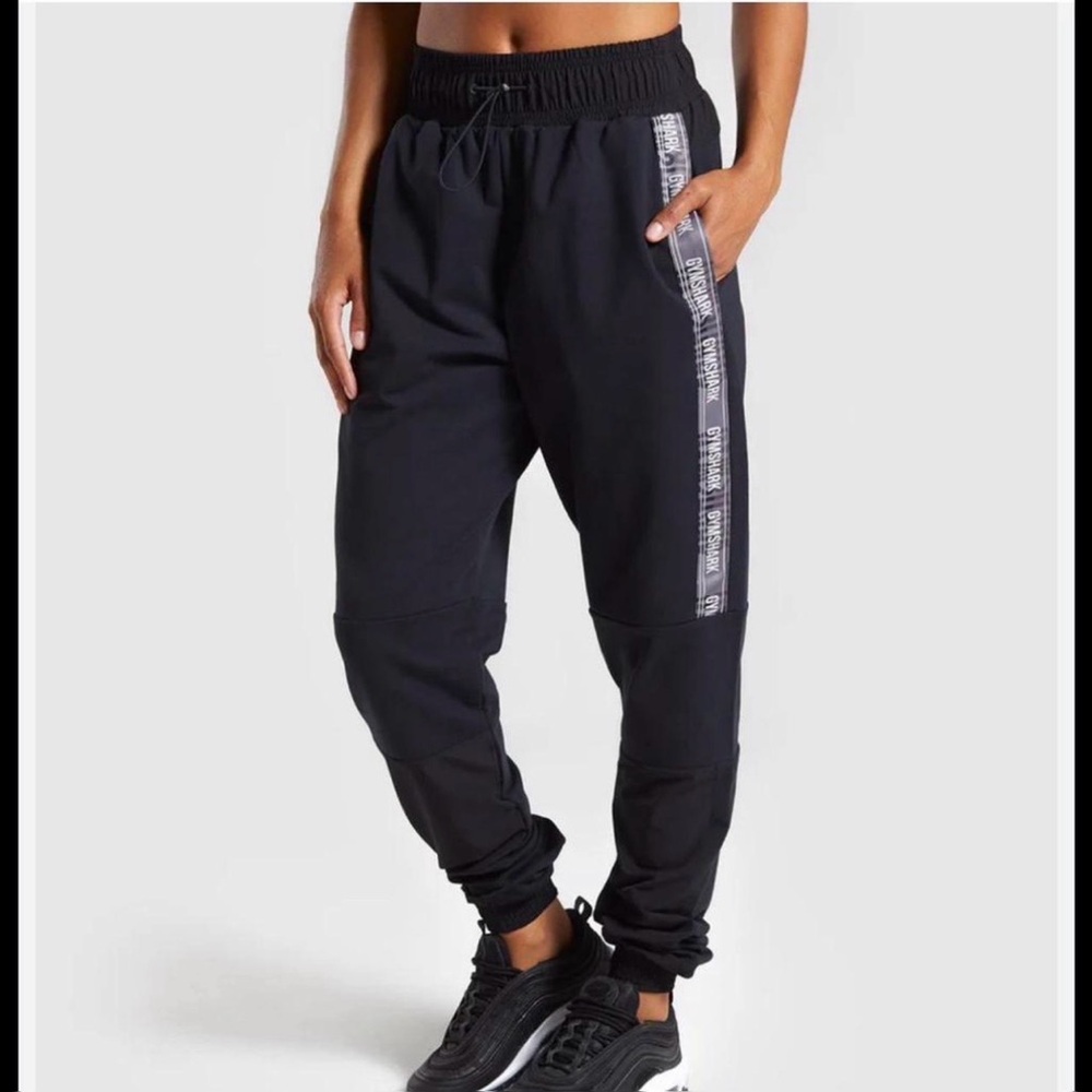 Gymshark Revival Joggers in Black with Grey & White Logo Tape, Size Small